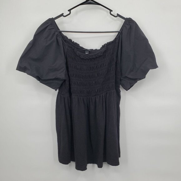 Torrid Smocked Flutter Sleeve Top Plus Size Stretch Baby Boatneck 1X Women Black - Picture 1 of 9